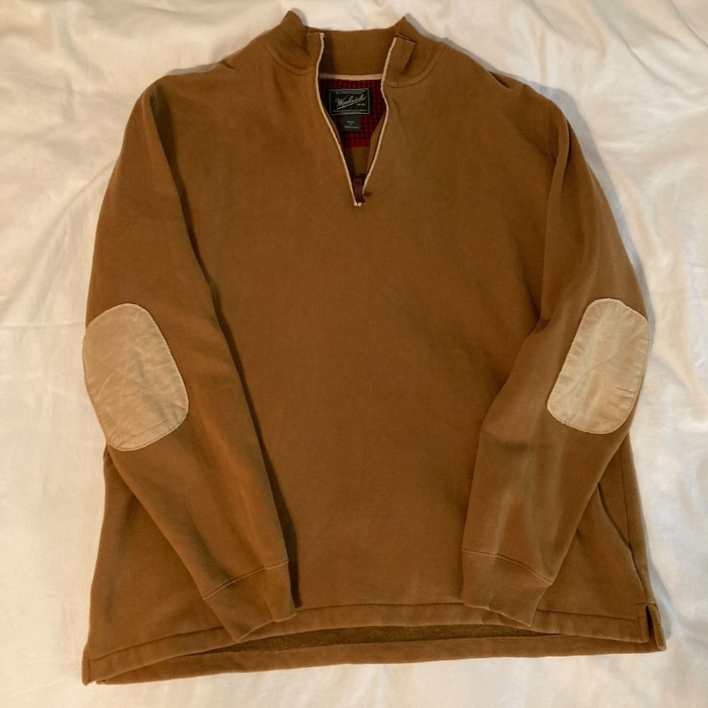 Woolrich Pullover Sweater, XL, 1/4 Zip , Brown w/ Tan Elbow Patches, Zip Pocket